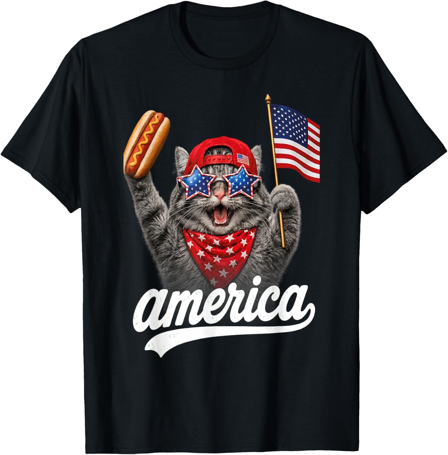 Funny Cat & Hot Dog Patriotic Cat USA Flag T-Shirt - T-Shirt | Black