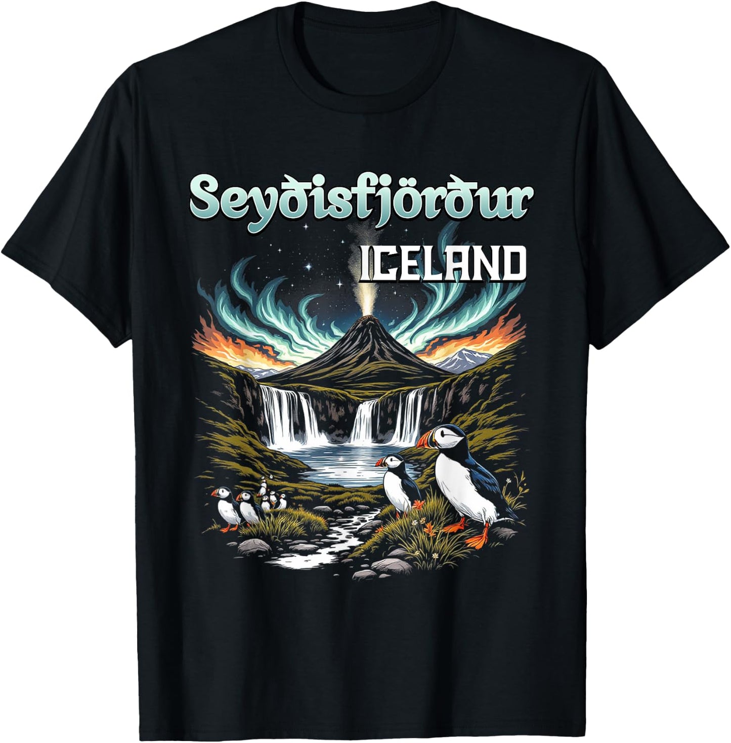 Seyðisfjörður Iceland Souvenir Icelandic Volcano Puffins T-Shirt - T-Shirt | Black