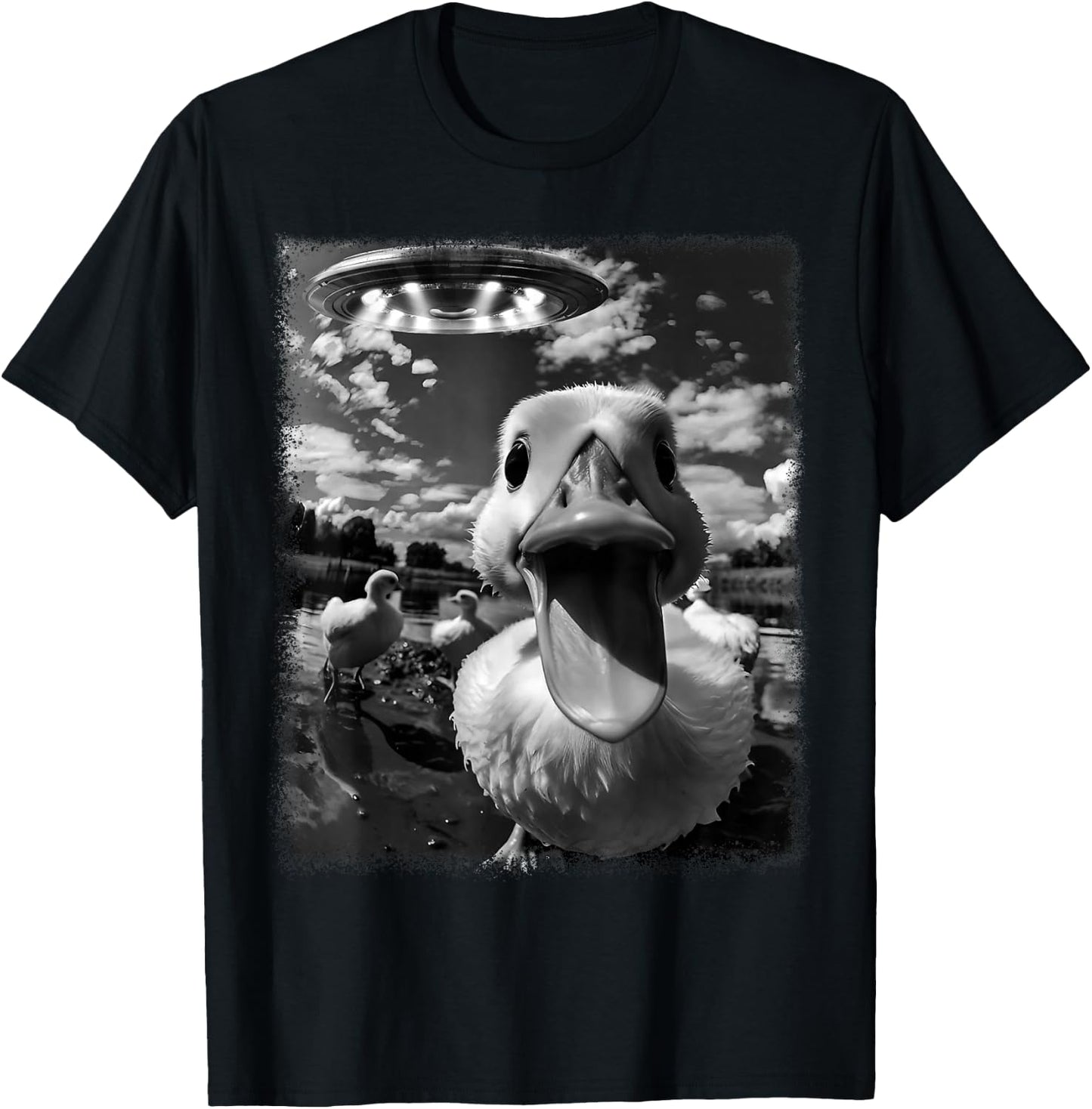 Duck Selfie with Alien and Ufo T-Shirt - T-Shirt | Black