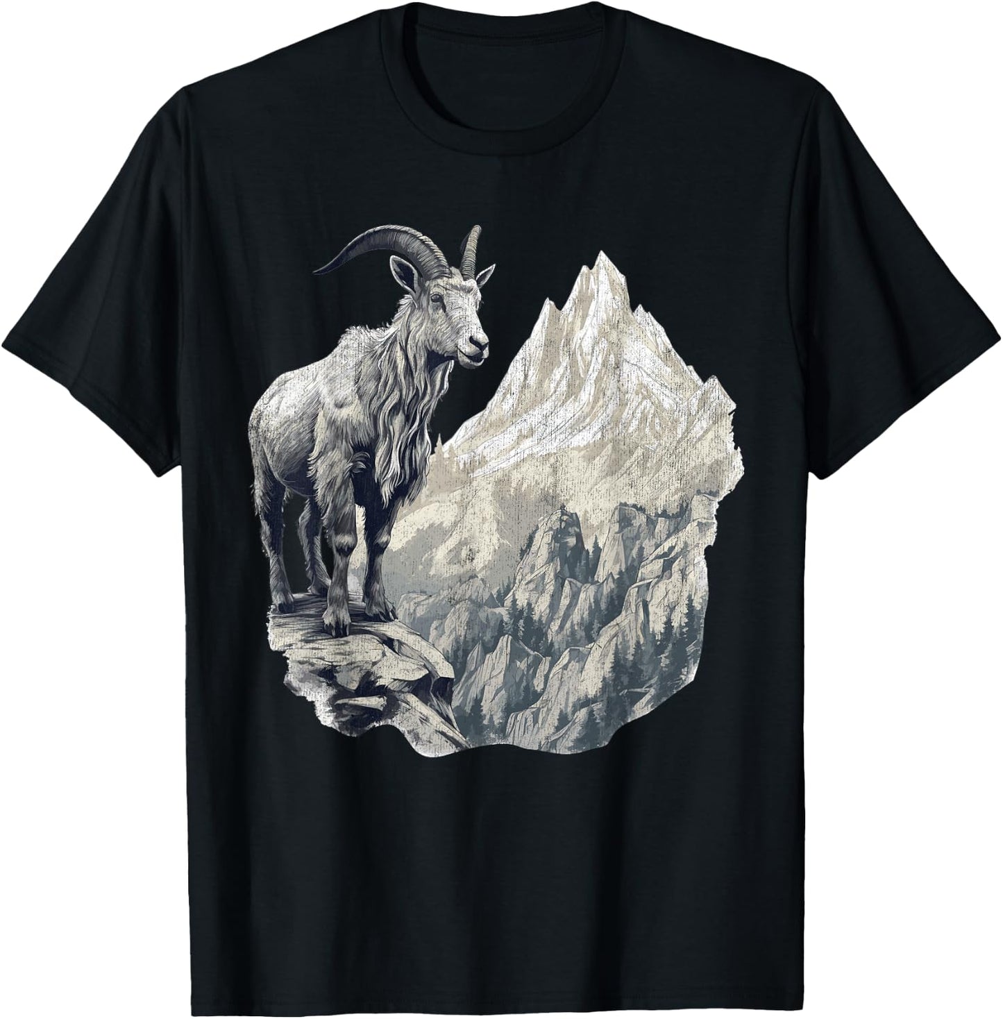 Mountain Goat with Scenic Landscape, Vintage Mountain Goat T-Shirt - T-Shirt | Black