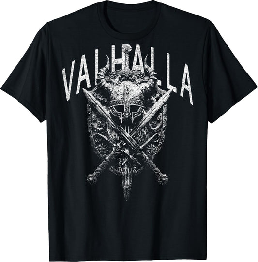 Valhalla Odin Thor Runes Viking Helmet Backprint Viking , black T-Shirt - T-Shirt | Black