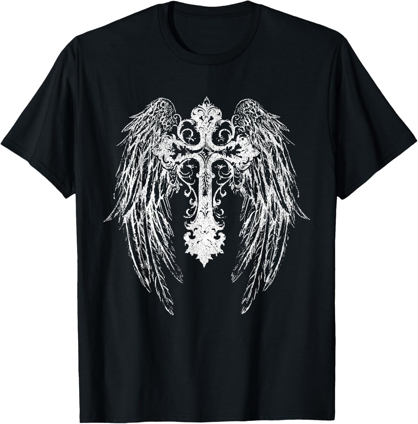 Cyber Siligism Y2K Angel Wings Cross T-Shirt - T-Shirt | Black