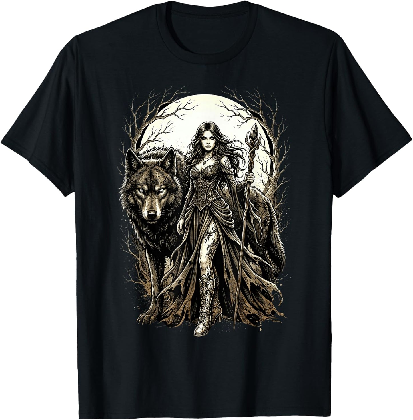 Fantasy Kriegerin Wolf Vollmond Gothic Motiv T-Shirt - T-Shirt | Black