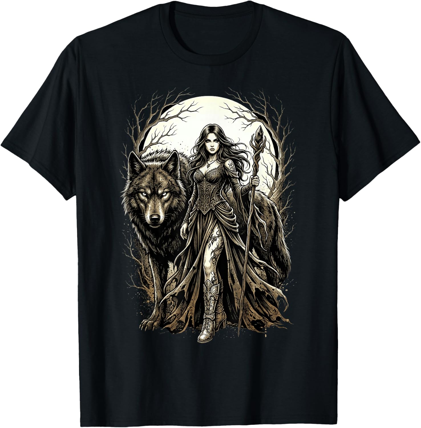 Fantasy Kriegerin Wolf Vollmond Gothic Motiv T-Shirt - T-Shirt | Black