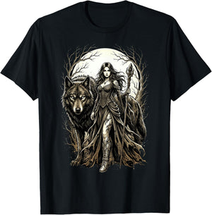 Fantasy Kriegerin Wolf Vollmond Gothic Motiv T-Shirt - T-Shirt | Black