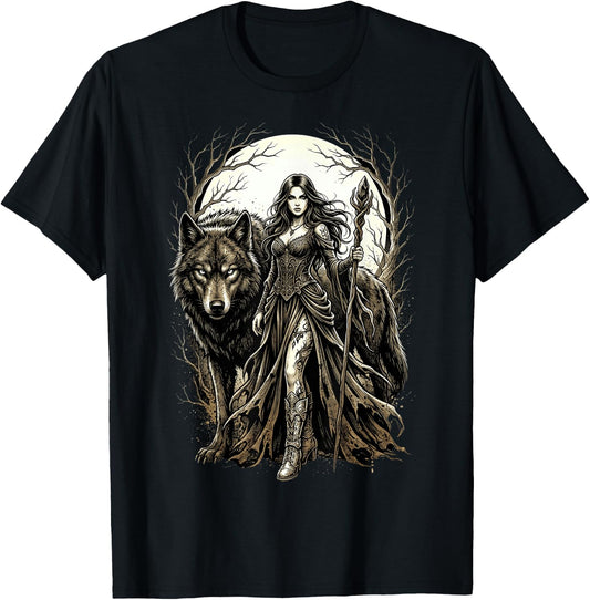 Fantasy Kriegerin Wolf Vollmond Gothic Motiv T-Shirt - T-Shirt | Black