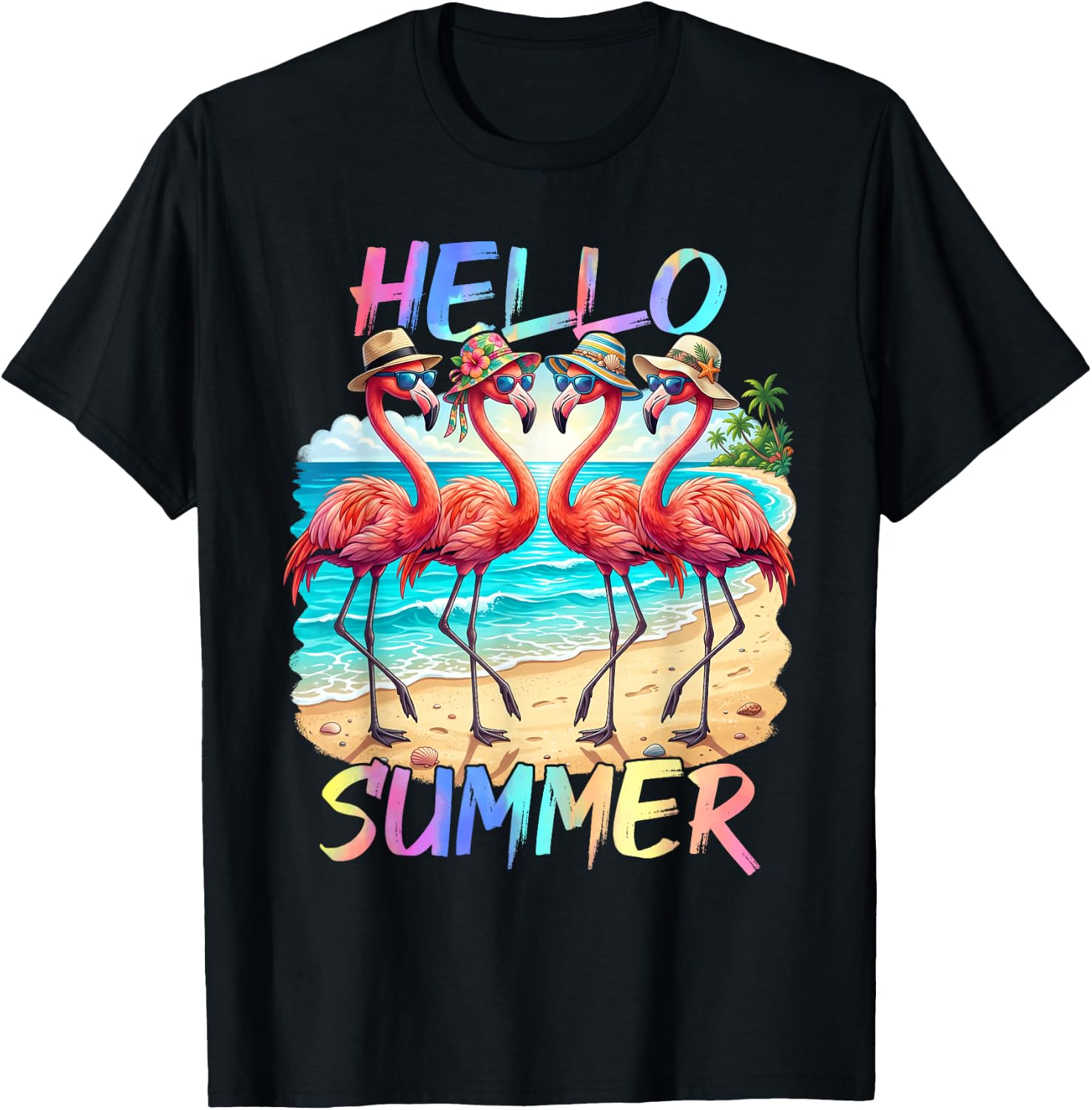 Hello Summer Flamingo Summer Vacation Family Matching T-Shirt - T-Shirt | Black