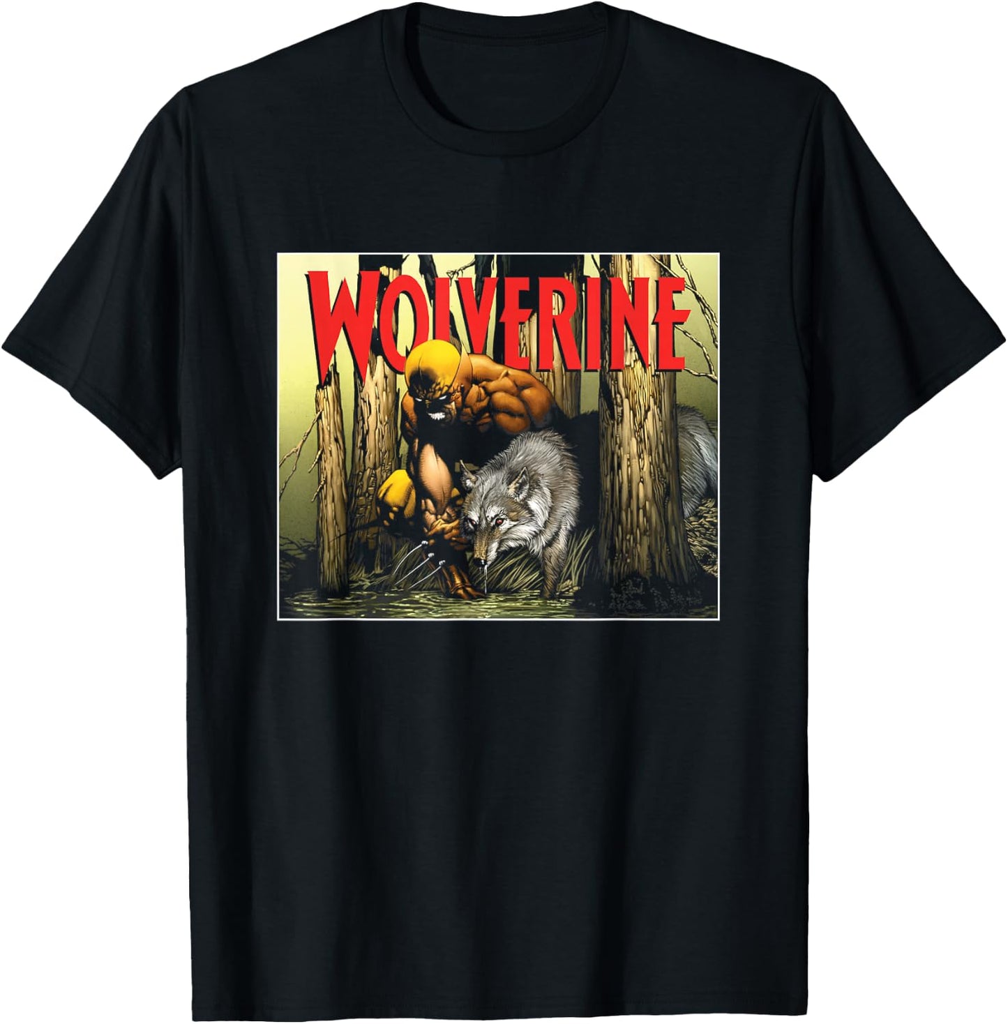 Marvel X-Men Wolverine Two Wolves Front Retro Big Poster T-Shirt - T-Shirt | Black