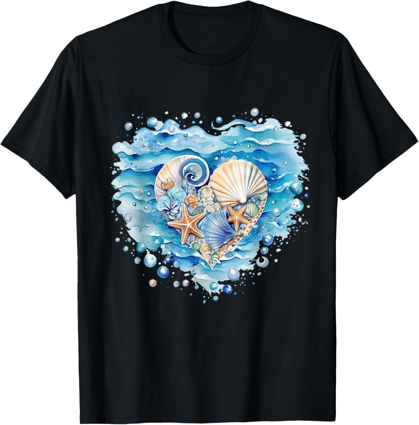Summer Ocean Snail Shell Kawaii Starfish Beach Shell Hearing , black T-Shirt - T-Shirt | Black