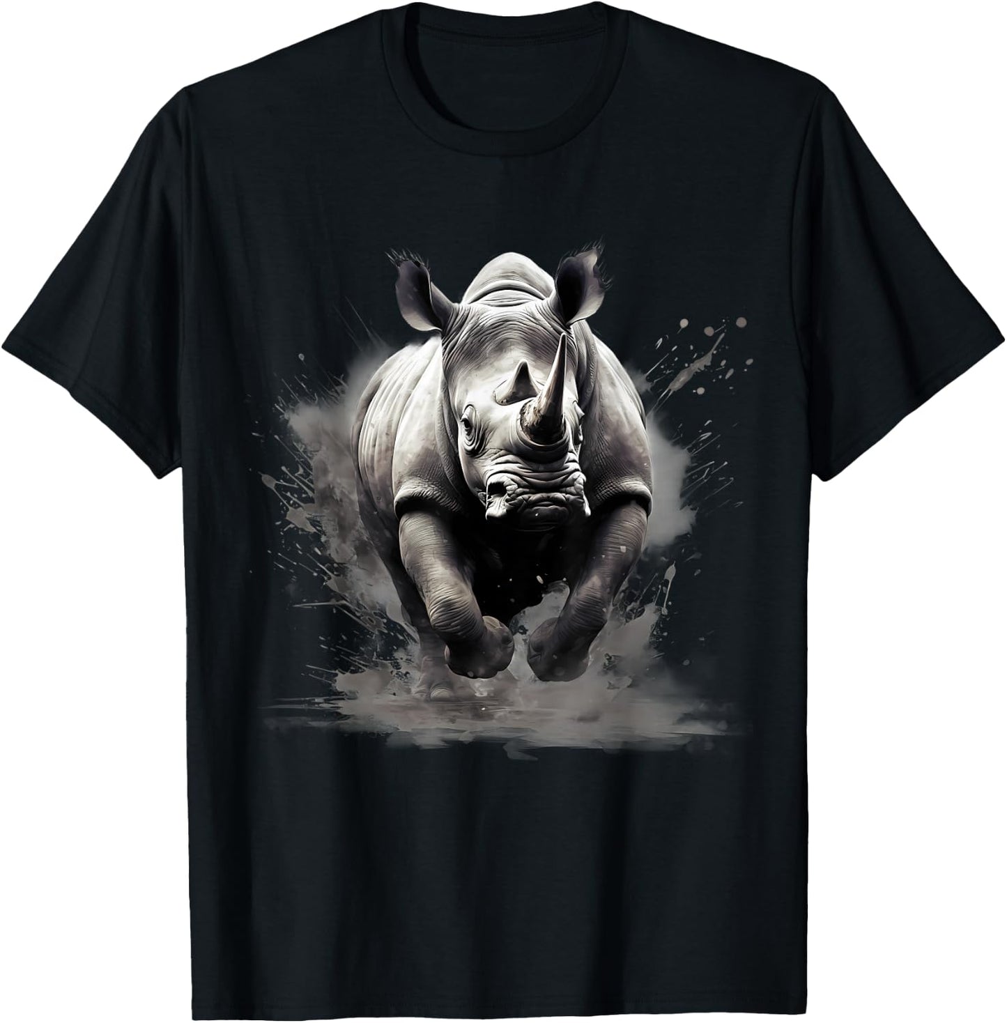 Rhino Animal Print Rhinoceros Wildlife Drawing Splash Motif T-Shirt - T-Shirt | Black