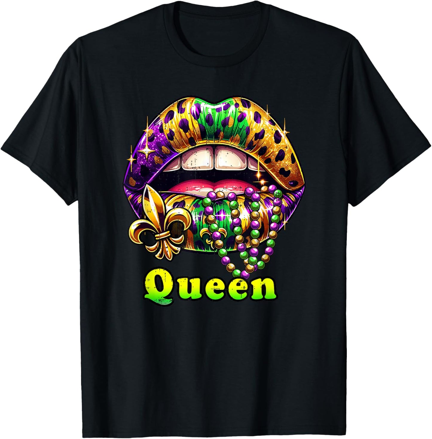 Mardi Gras Queen Lips Outfit Women Cheetah Leopard Print T-Shirt - T-Shirt | Black