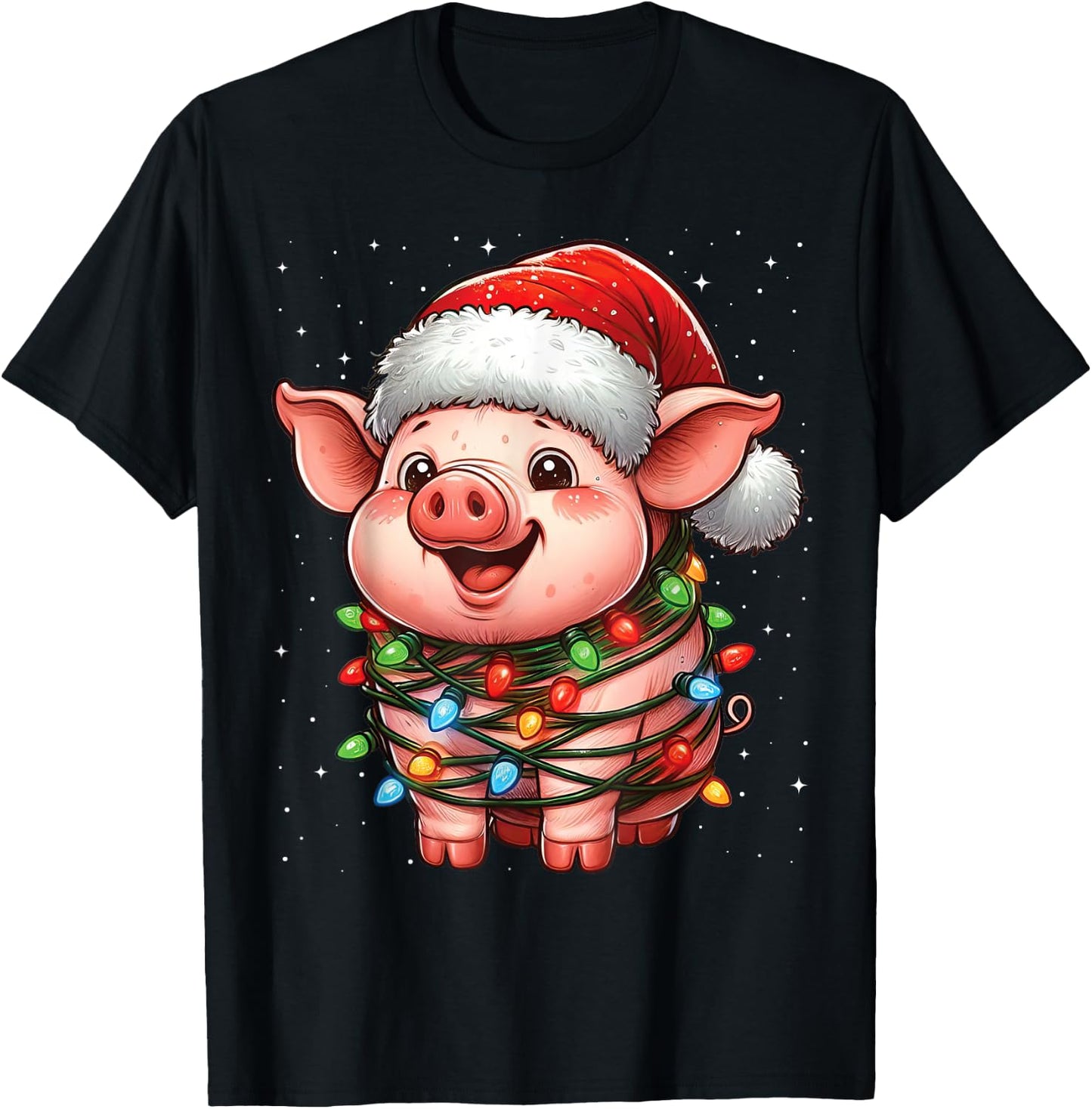 Pig Christmas Lights Santa Hat Xmas Snow T-Shirt - T-Shirt | Black