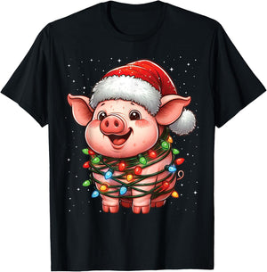 Pig Christmas Lights Santa Hat Xmas Snow T-Shirt - T-Shirt | Black