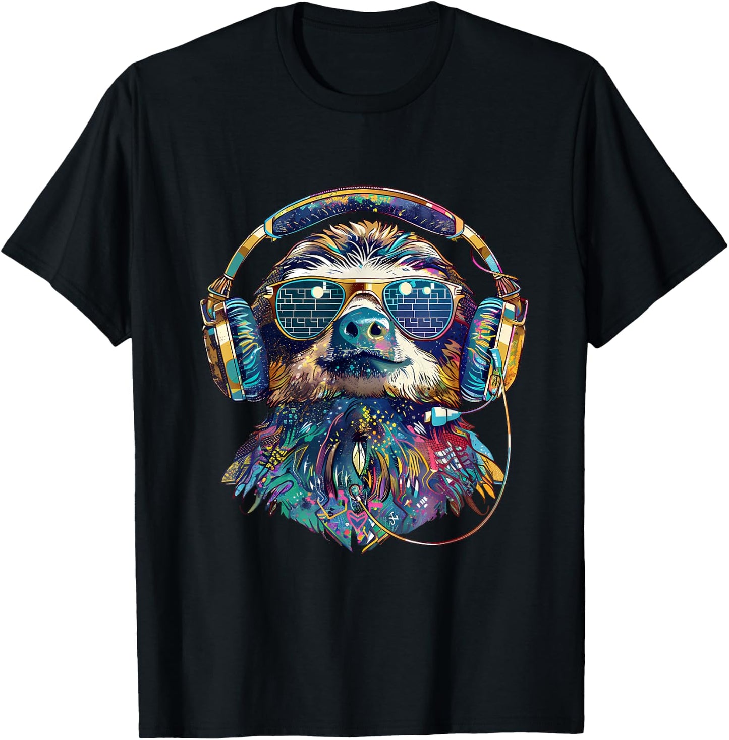 DJ Sloth Music Headphones Beatmaker Techno Animal Print T-Shirt - T-Shirt | Black