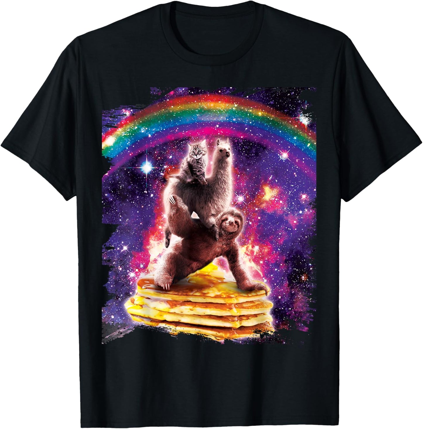 Space Cat Sloth Riding Pancakes T-Shirt - T-Shirt | Black