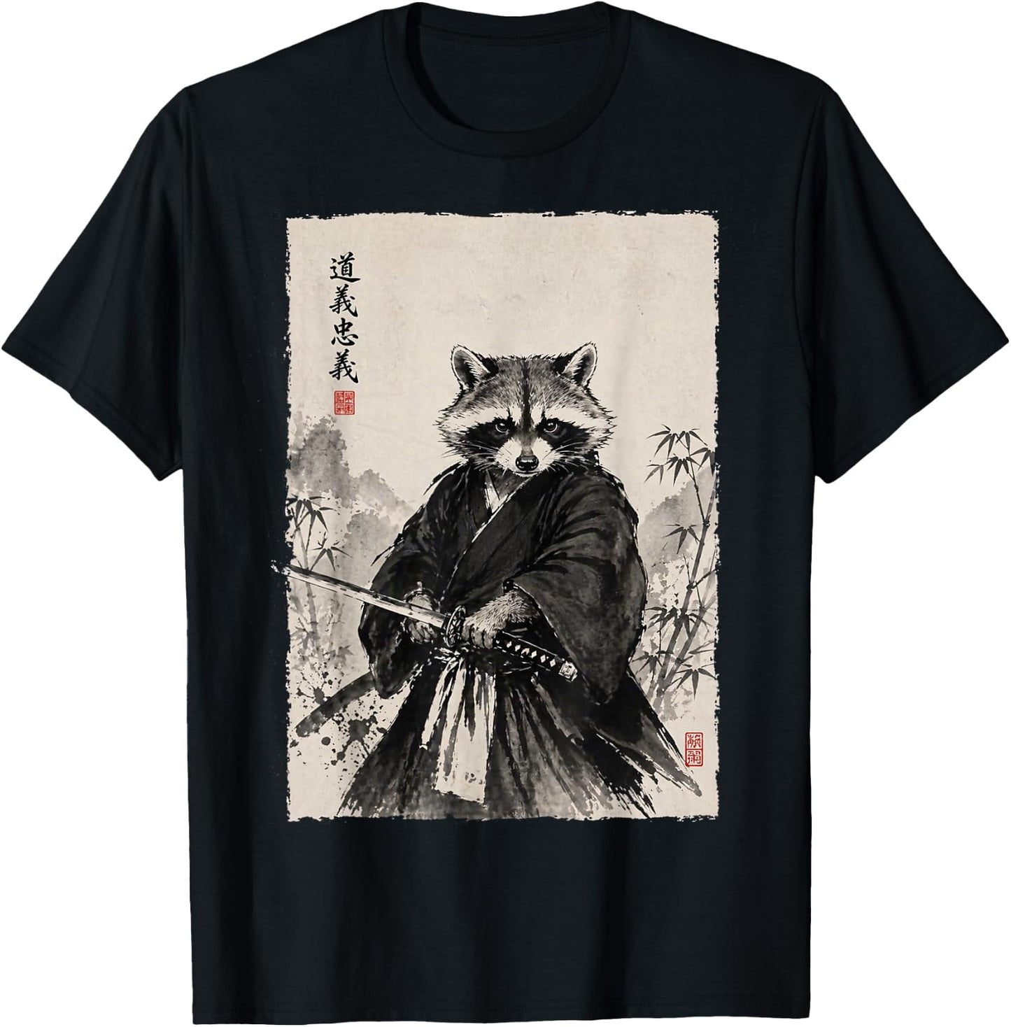 Samurai Raccoon Graphic Warrior Vintage Japanese Art Anime T-Shirt - T-Shirt | Black