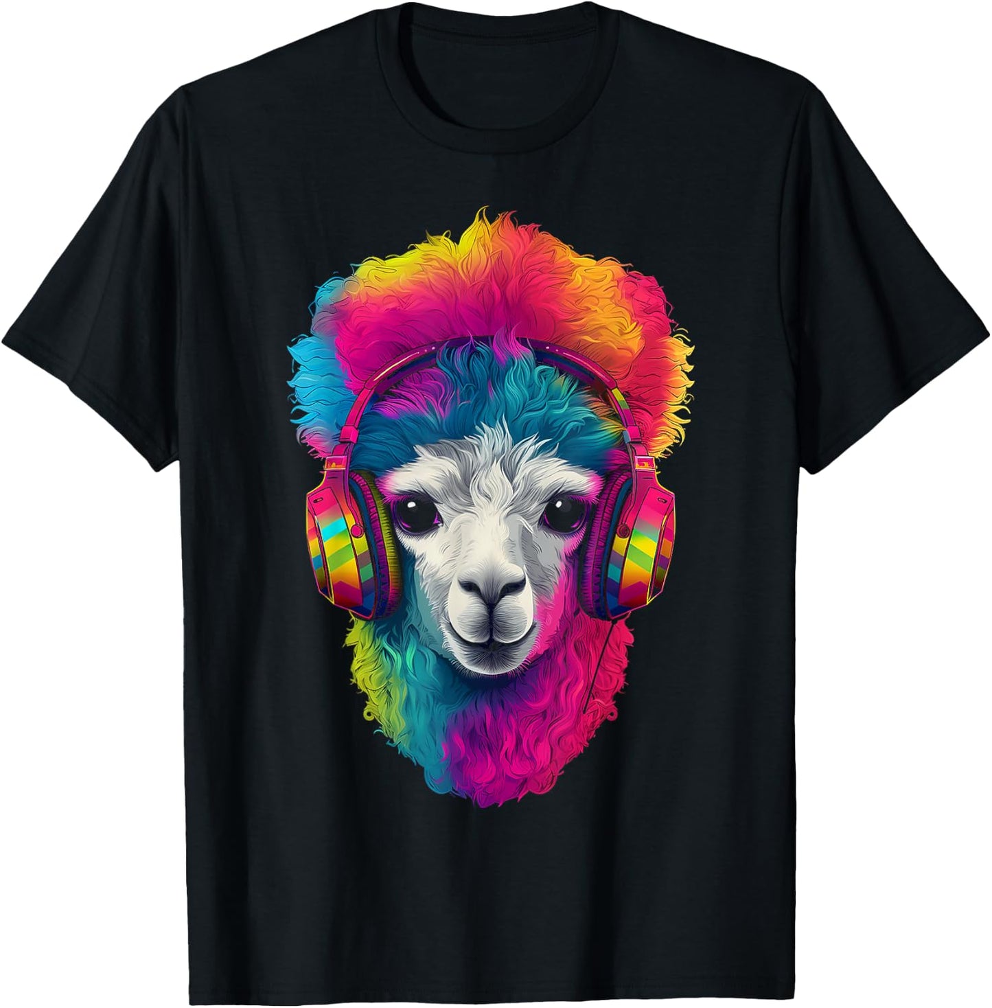 Alpaca Animal Headphones Art Motif Colorful Llama T-Shirt - T-Shirt | Black