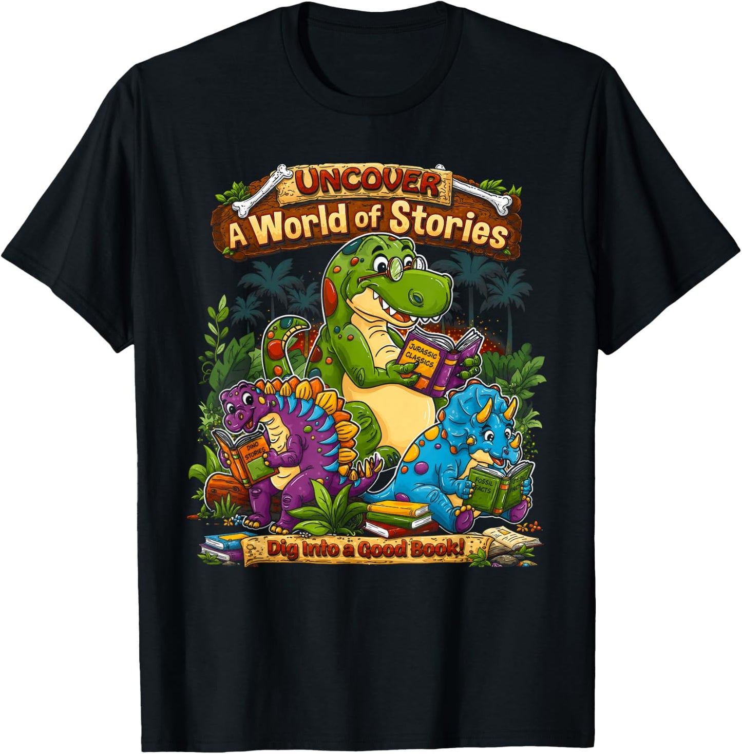 Uncover A World of Stories Dinosaur Reading Shirt for Kids T-Shirt - T-Shirt | Black