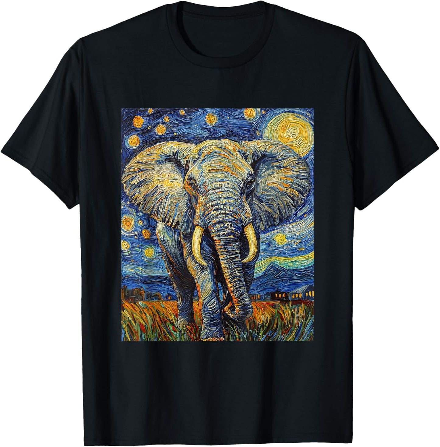 Cute Elephant Africa - Van Gogh Style - Starry Night T-Shirt - T-Shirt | Black