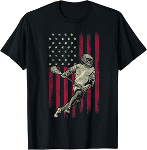 Lacrosse Vintage American Flag 4th Of July Gift T-Shirt - T-Shirt | Black