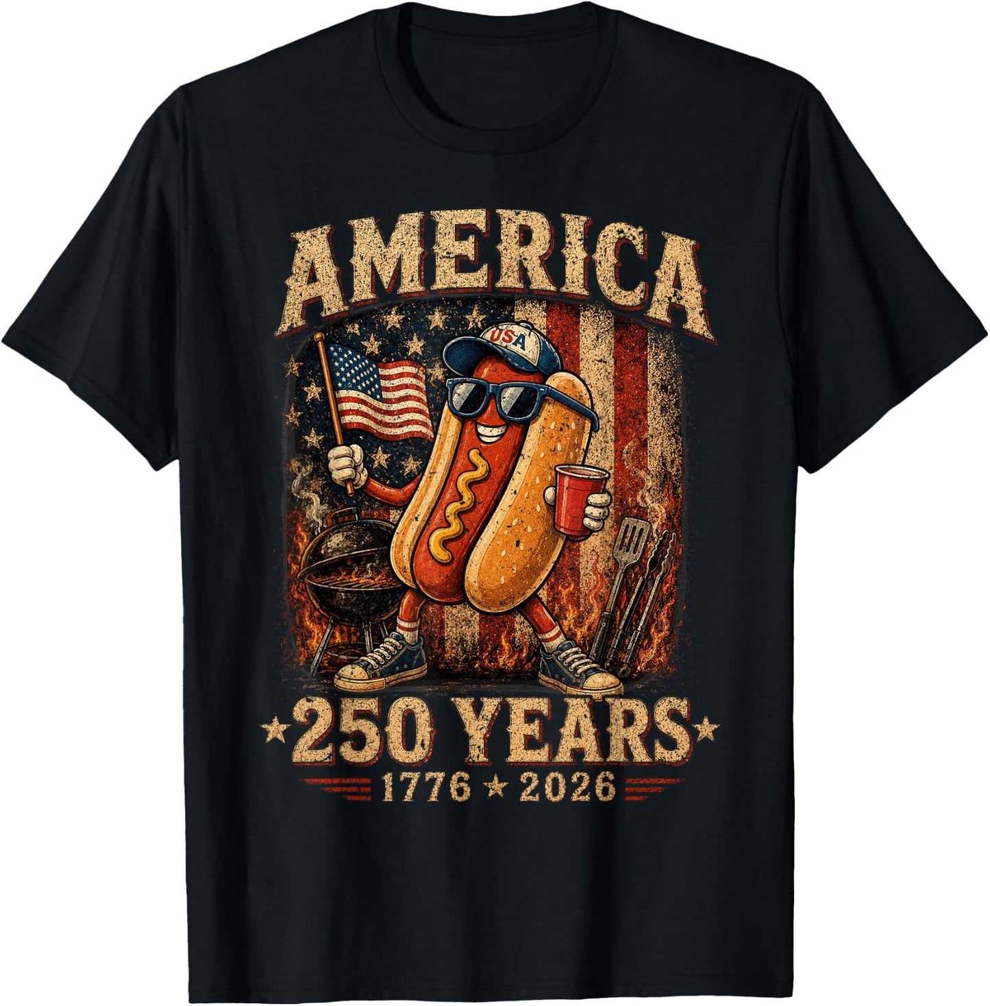 America 250 Years Funny Hotdog BBQ 1776 2026 Patriotic T-Shirt - T-Shirt | Black