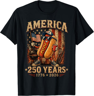 America 250 Years Funny Hotdog BBQ 1776 2026 Patriotic T-Shirt - T-Shirt | Black