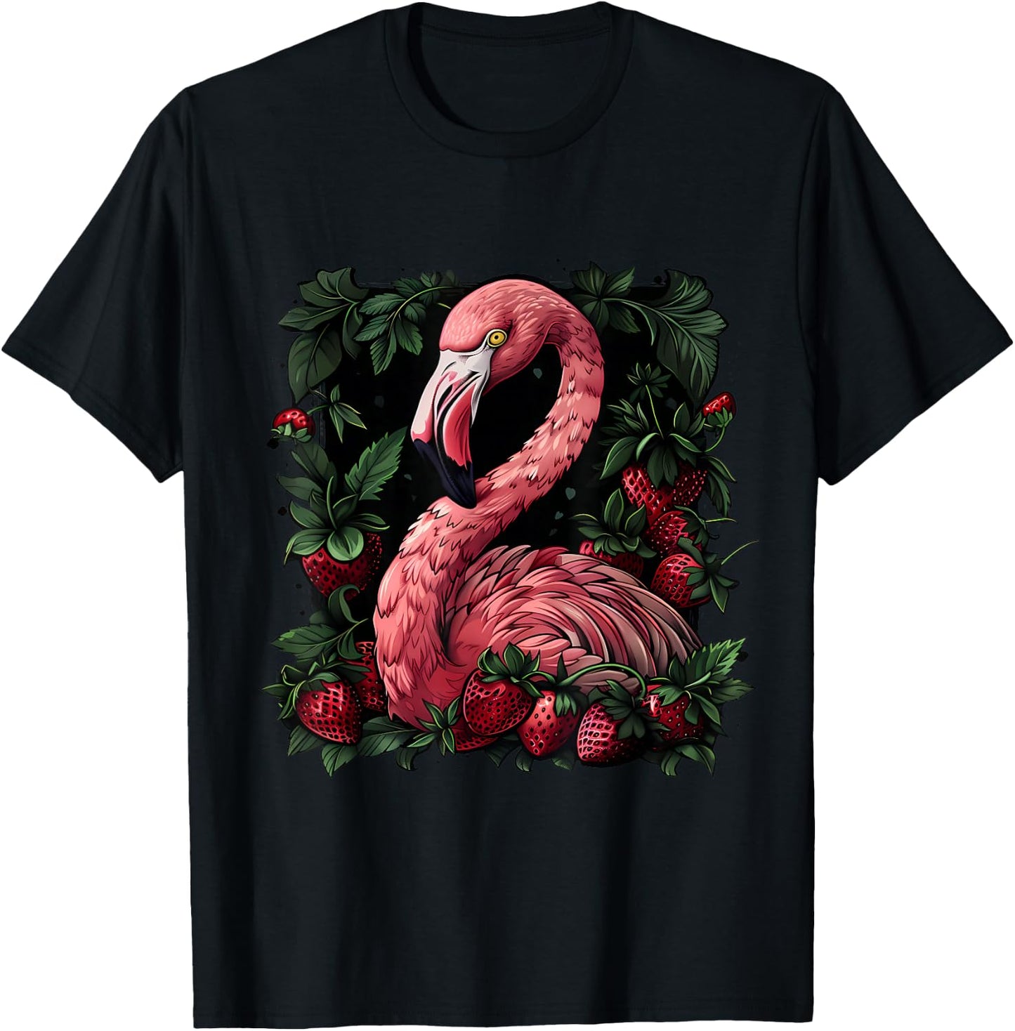 Strawberry Flamingo Bird Strawberries Pink Flamingo Bird T-Shirt - T-Shirt | Black