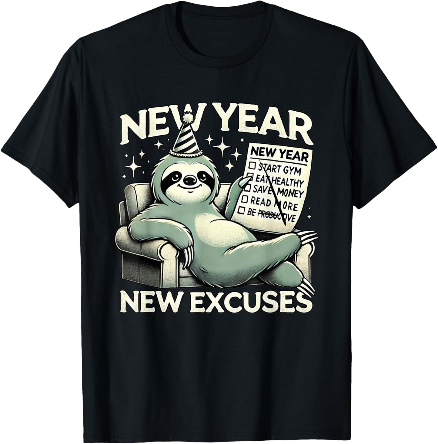 New Year New Excuses Funny Lazy Sloth New Year Resolution T-Shirt - T-Shirt | Black