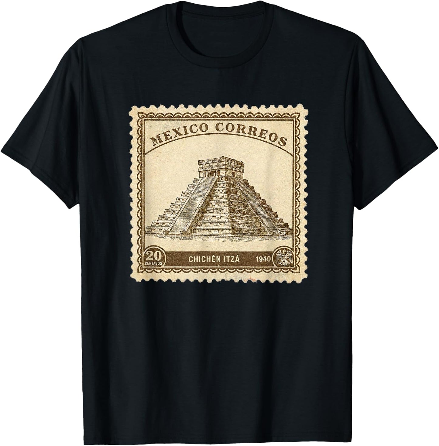 Chichen Itza Mexico 1940 Vintage Stamp Classic Mayan Pyramid T-Shirt - T-Shirt | Black