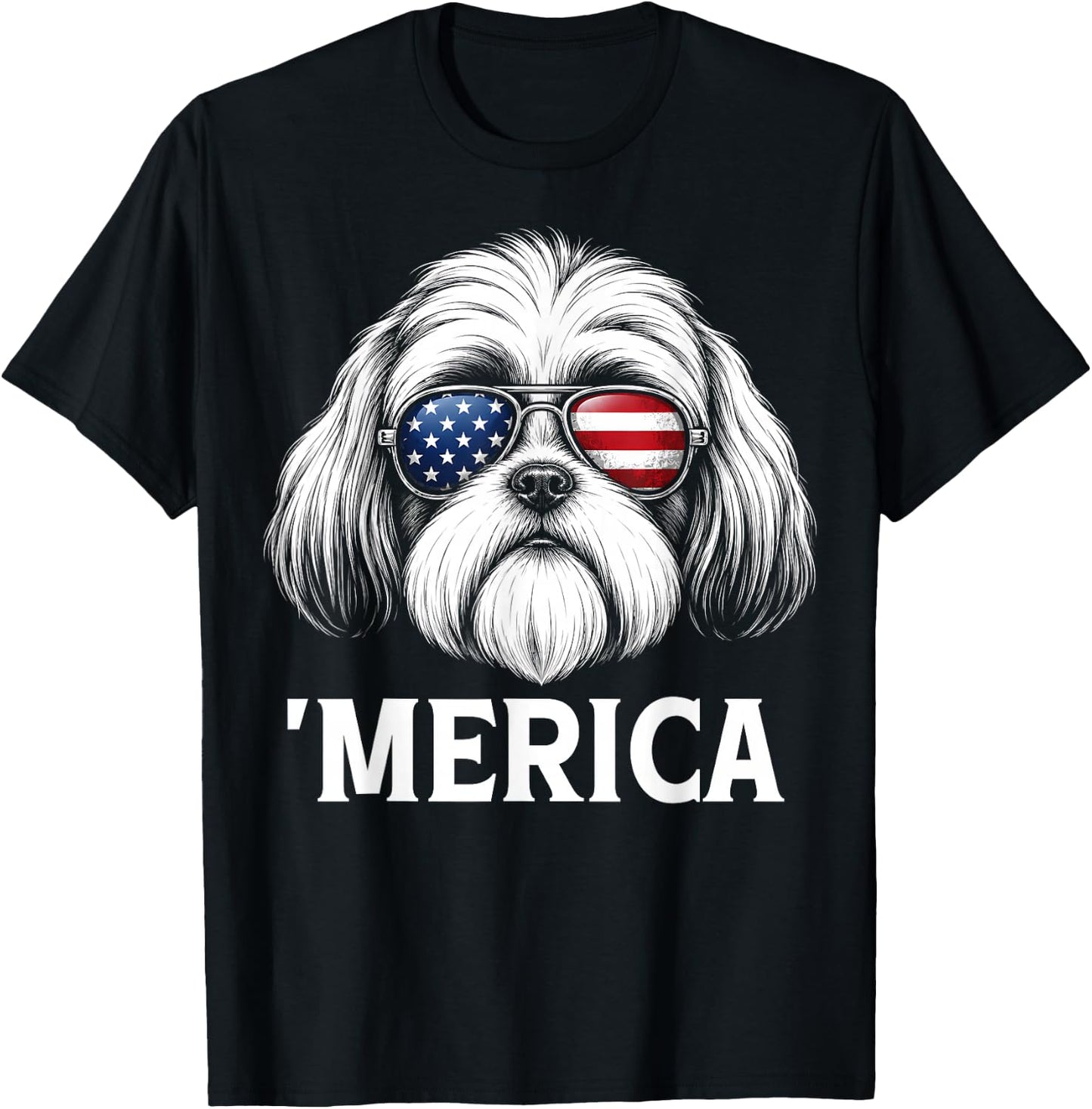 Patriotic Shih Tzu Dog 'Merica American Flag USA 4th of July T-Shirt - T-Shirt | Black