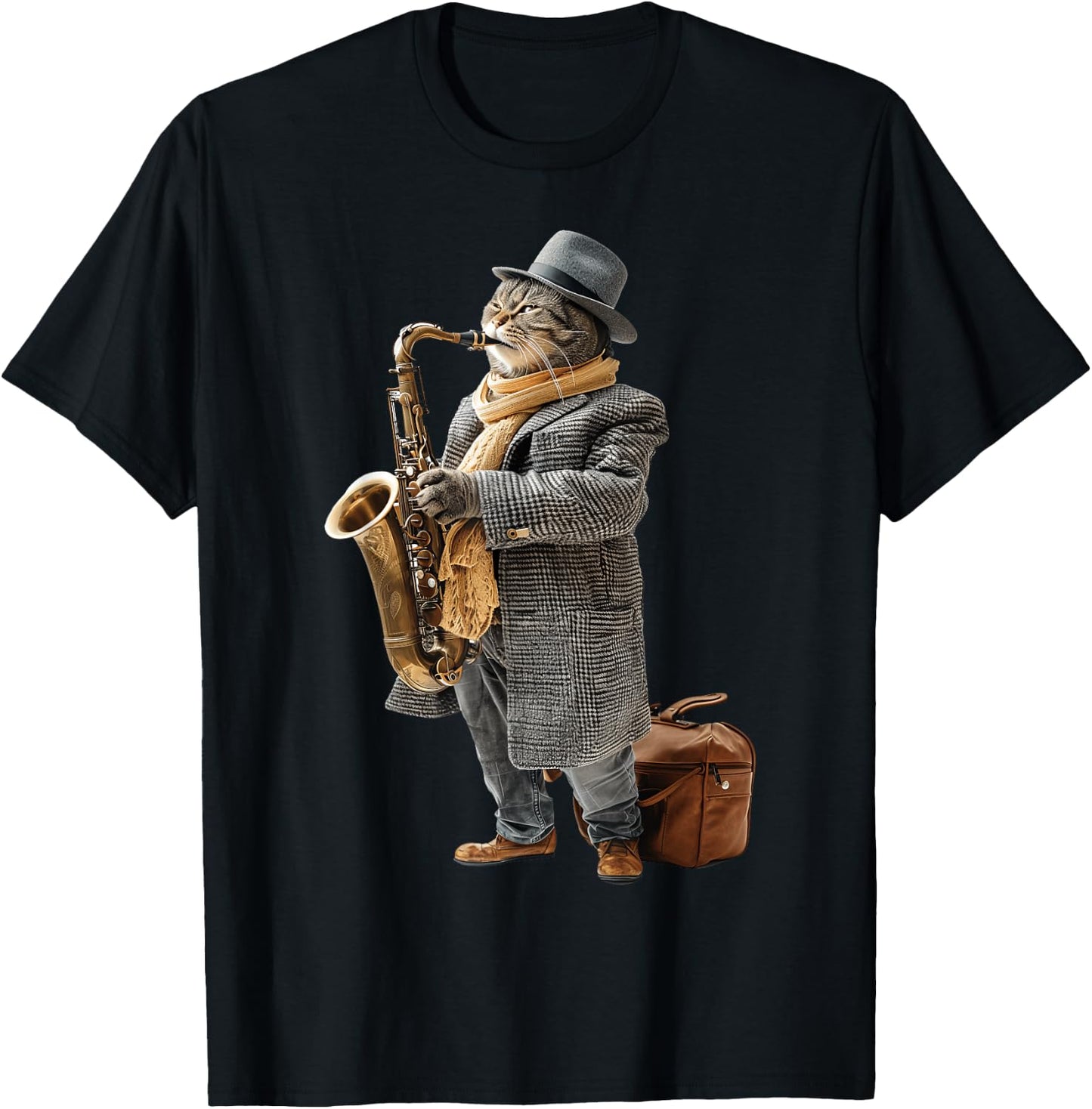Cat Saxophone T-Shirt - T-Shirt | Black