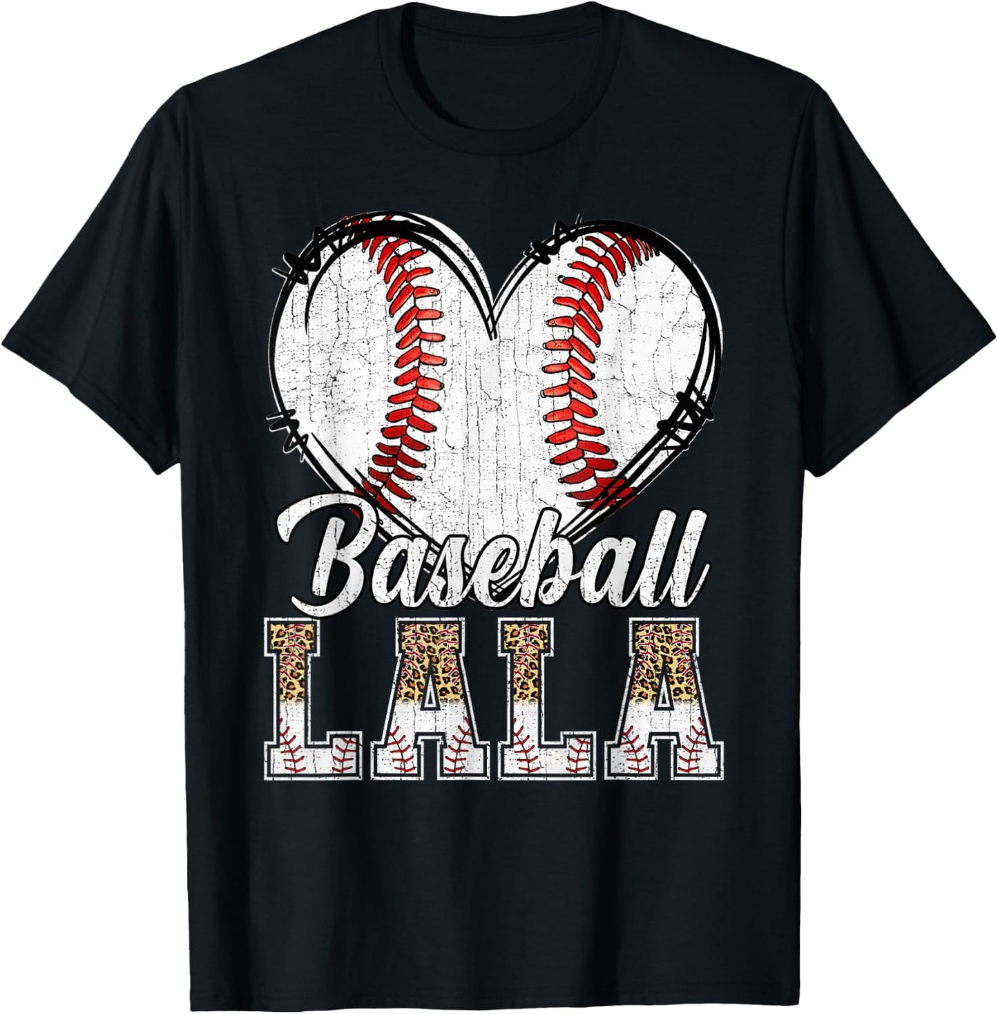 Softball Baseball Lala Heart Leopard Print Mother's Day T-Shirt - T-Shirt | Black