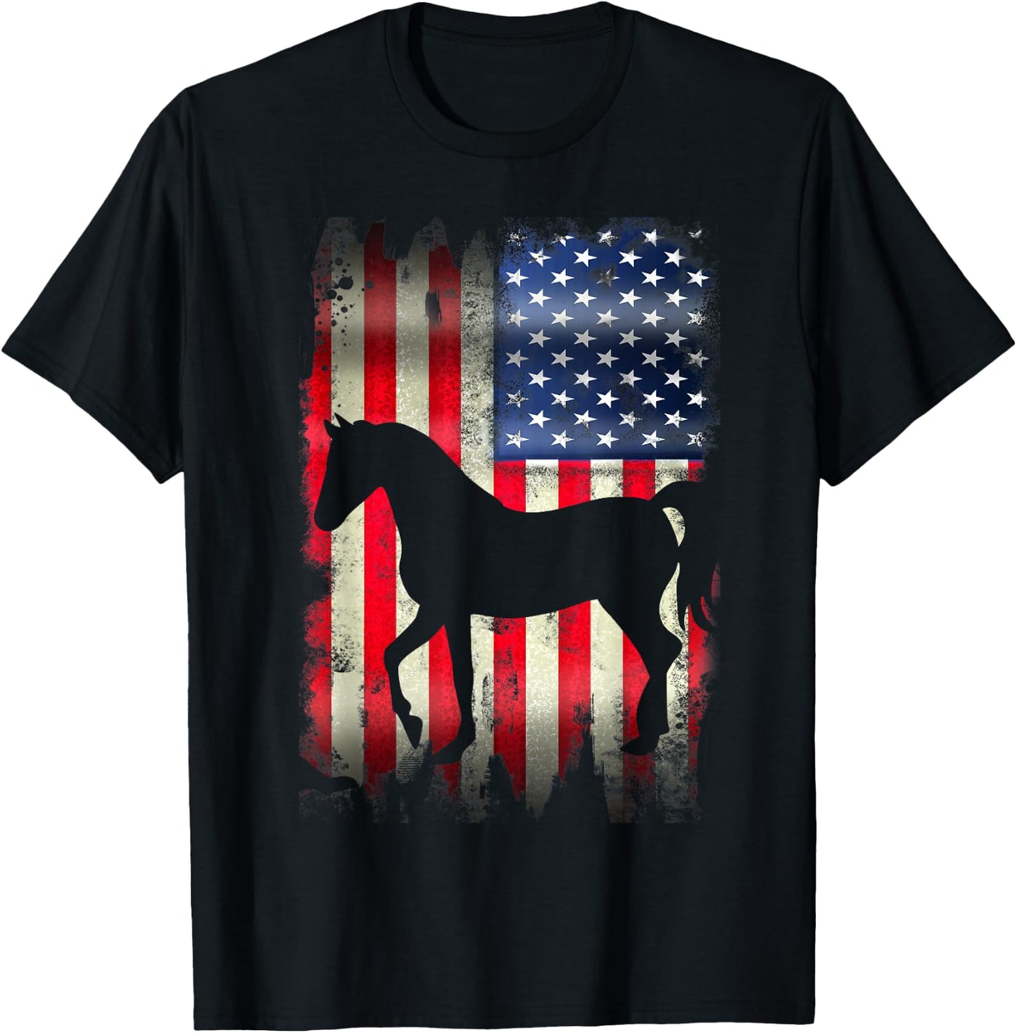 Horse USA American Flag 4th of July Patriotic Equestrian Women Kids Men T-Shirt - T-Shirt | Black