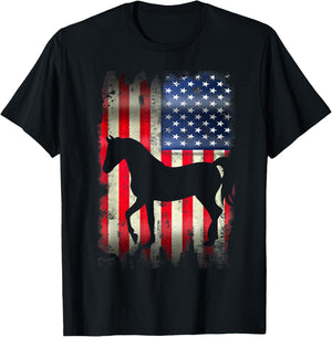 Horse USA American Flag 4th of July Patriotic Equestrian Women Kids Men T-Shirt - T-Shirt | Black