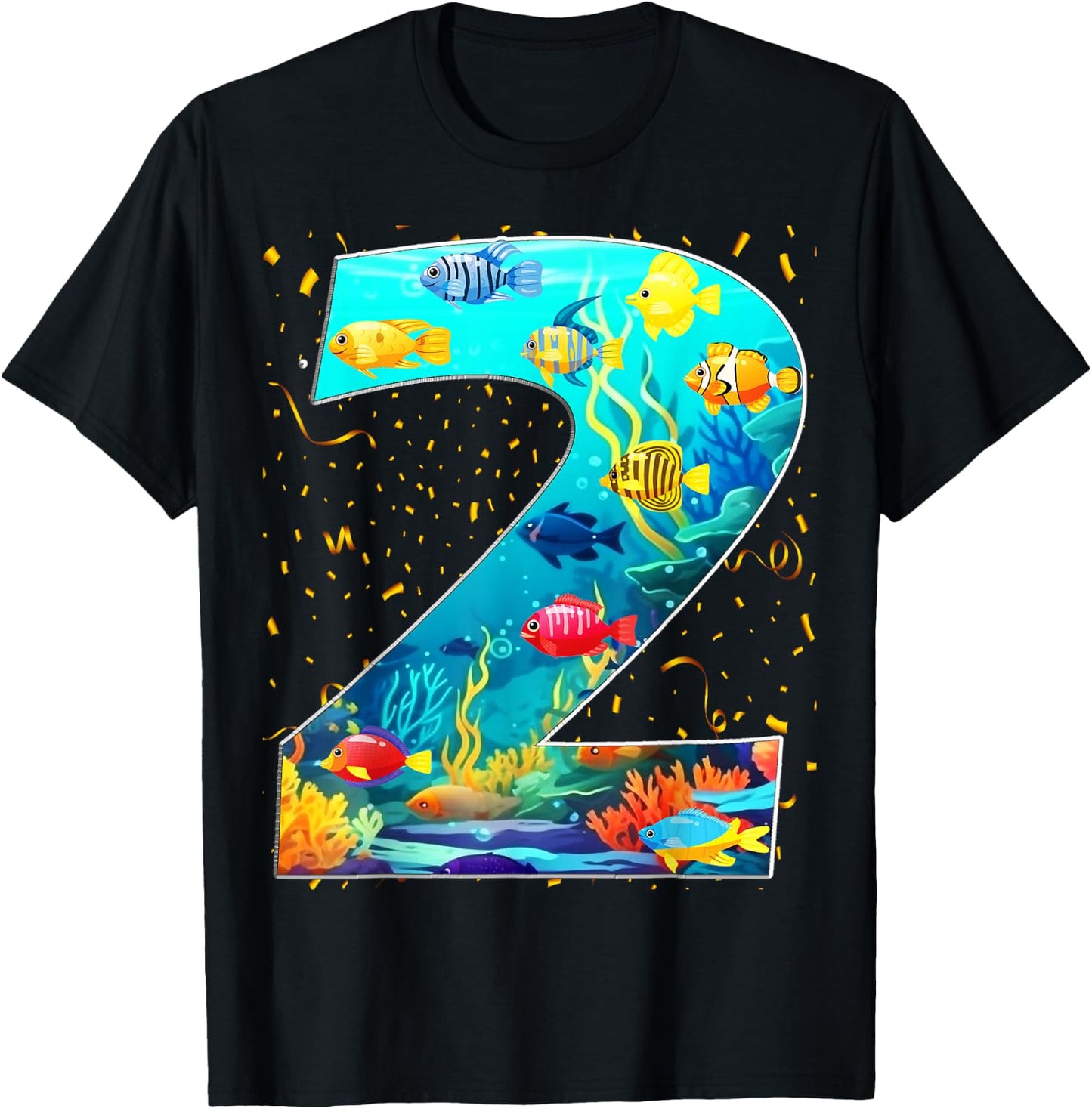 2nd Birthday Party 2 Year Old Sea Fish Aquarium Birthday Boy T-Shirt - T-Shirt | Black