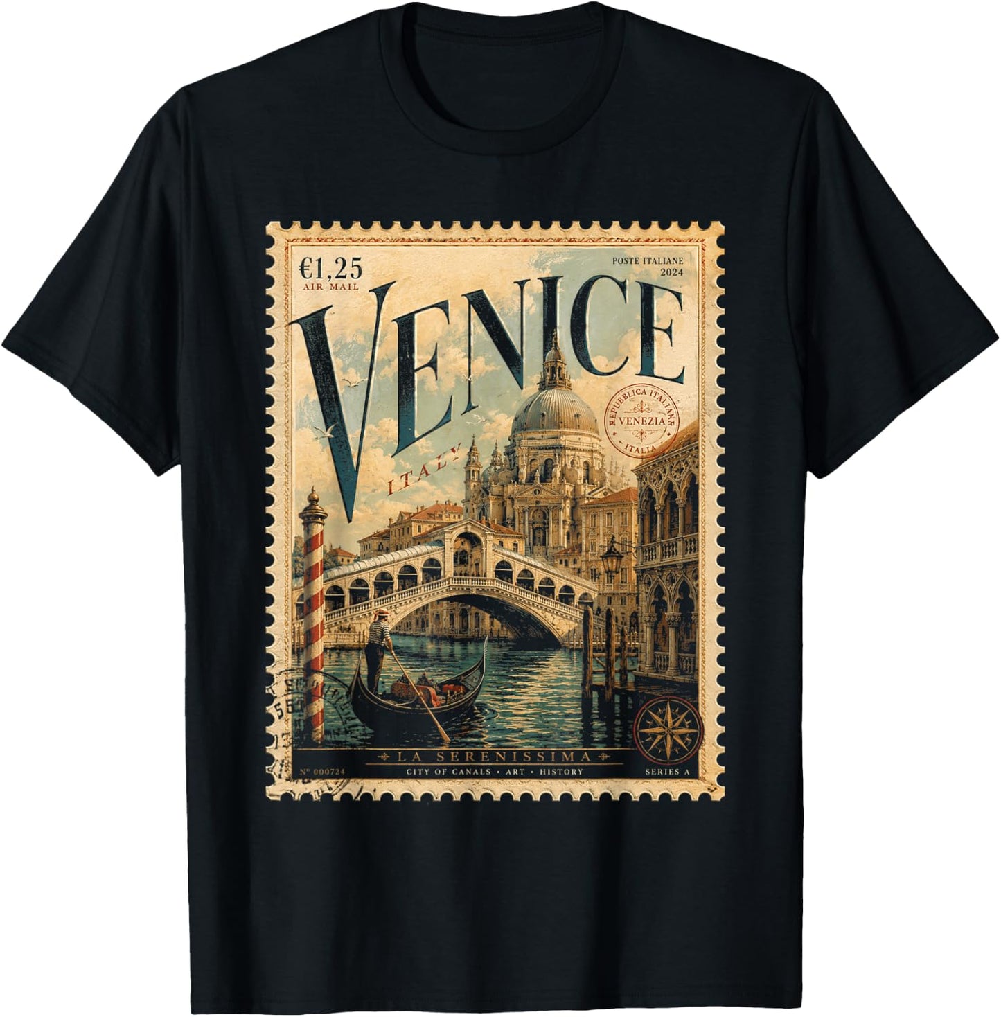 Vintage Venice Italy Travel Retro Postage Stamp Gondola T-Shirt - T-Shirt | Black