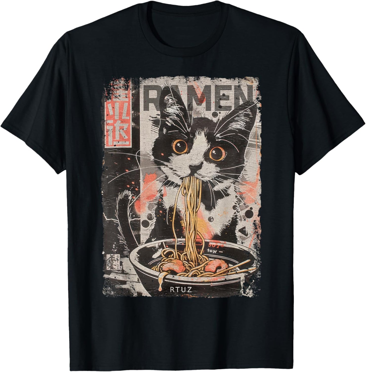 Cat Ramen Noodle Japanese Anime Manga Ramen Kawaii Cat , black T-Shirt - T-Shirt | Black