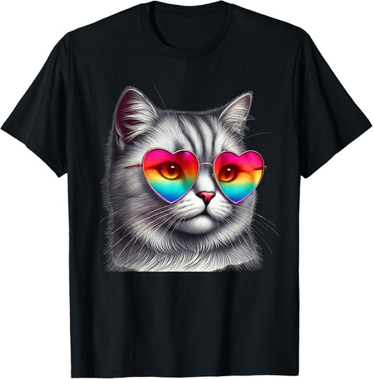 Cute Valentines Day Grey Cat Heart Sunglasses Women Men T-Shirt - T-Shirt | Black