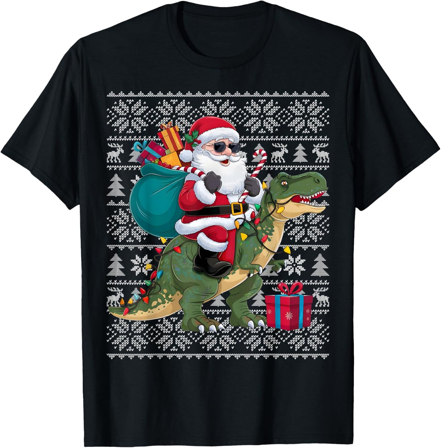 Ugly Xmas Sweater Style Santa Riding Dinosaur Christmas T-Shirt - T-Shirt | Black