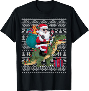 Ugly Xmas Sweater Style Santa Riding Dinosaur Christmas T-Shirt - T-Shirt | Black
