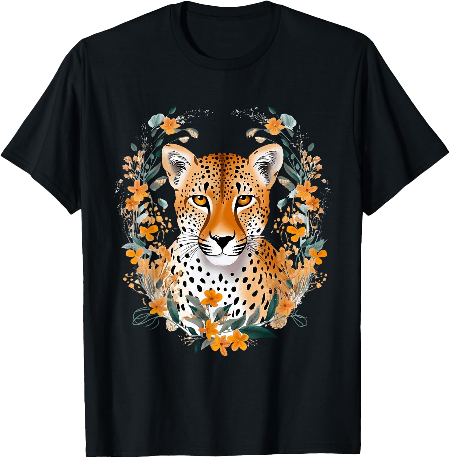 Cheetah Face Animal Print Big Cat Wildlife Flowers Design T-Shirt - T-Shirt | Black
