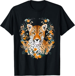 Cheetah Face Animal Print Big Cat Wildlife Flowers Design T-Shirt - T-Shirt | Black