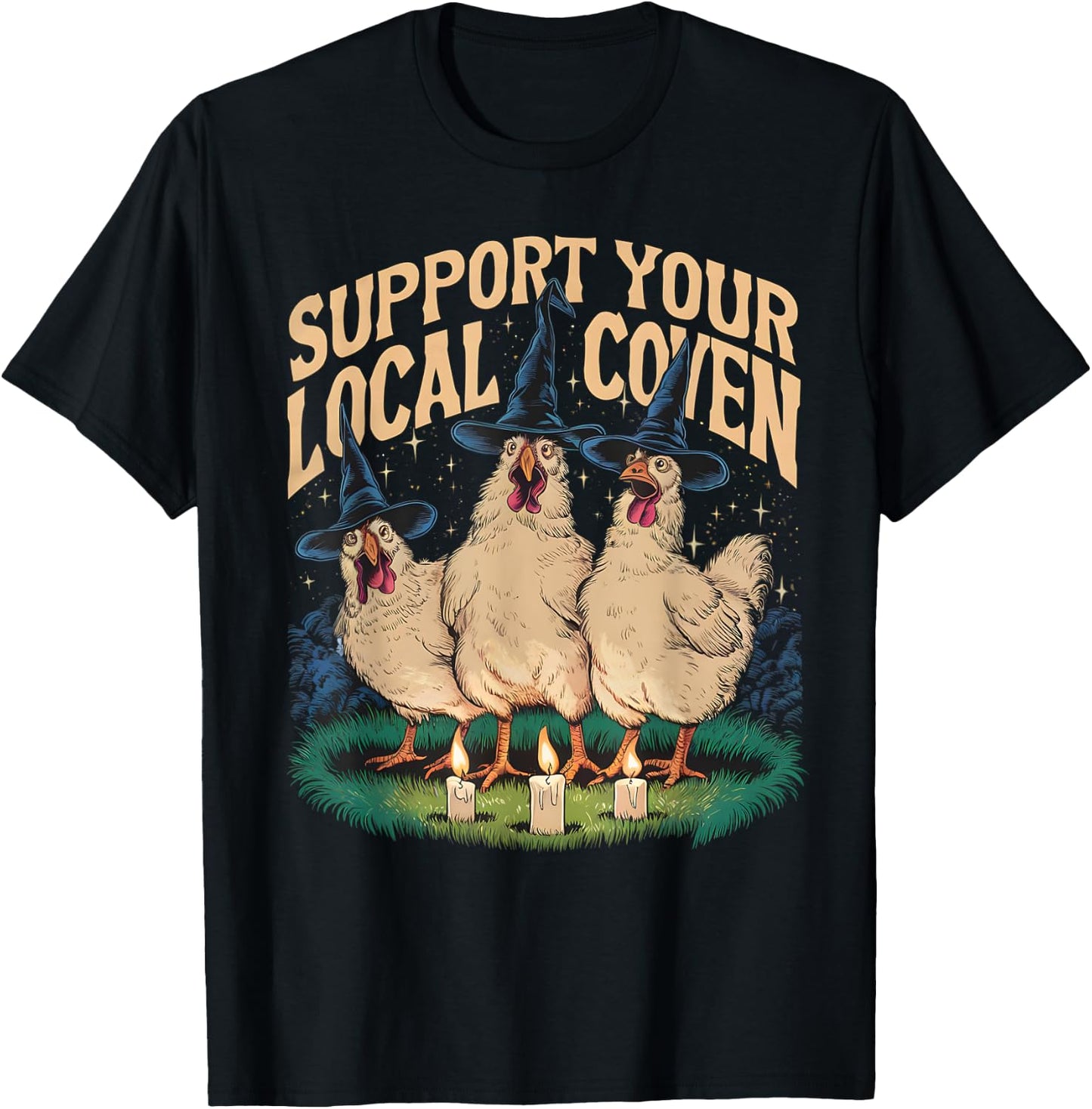 Support Your Local Coven Funny Farm Witch Chicken Halloween T-Shirt - T-Shirt | Black