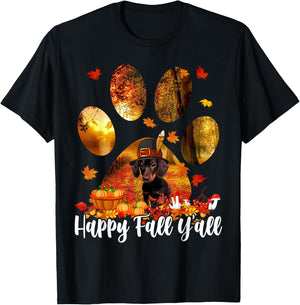 Happy Fall Y'all Thanksgiving Dachshund Pilgrim Dog Paw Fall T-Shirt - T-Shirt | Black