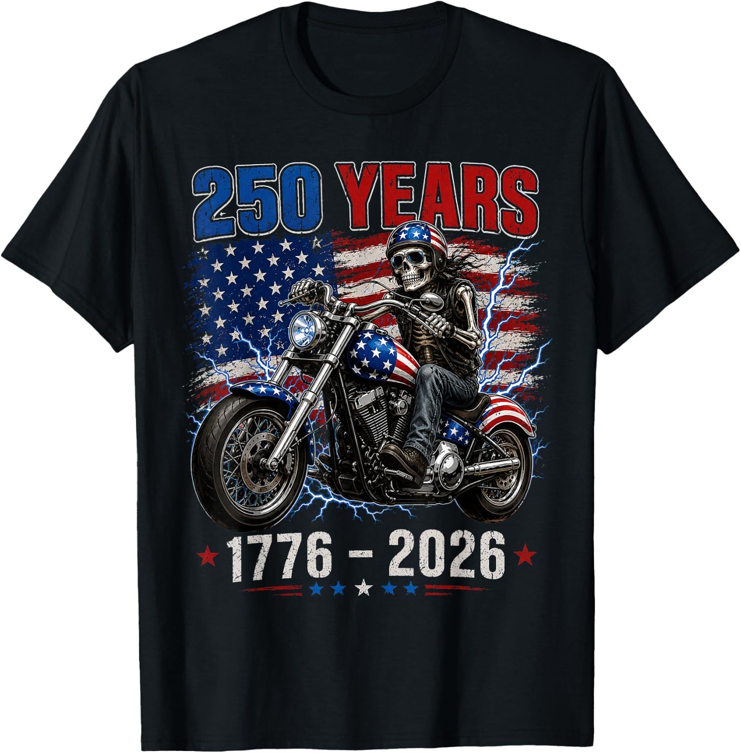 250 Anniversary USA 250th American Skull Motorcycle USA Flag T-Shirt - T-Shirt | Black