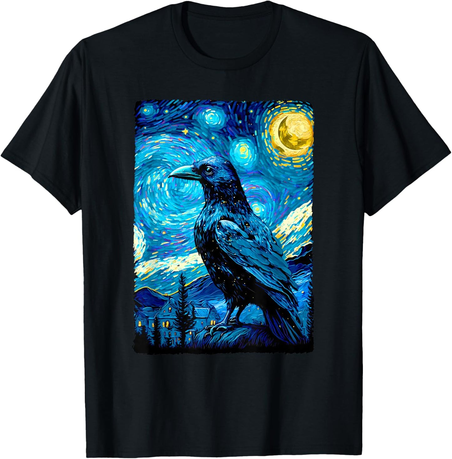 Crow Lover Raven Starry Night Style Painting, Van Gogh T-Shirt - T-Shirt | Black