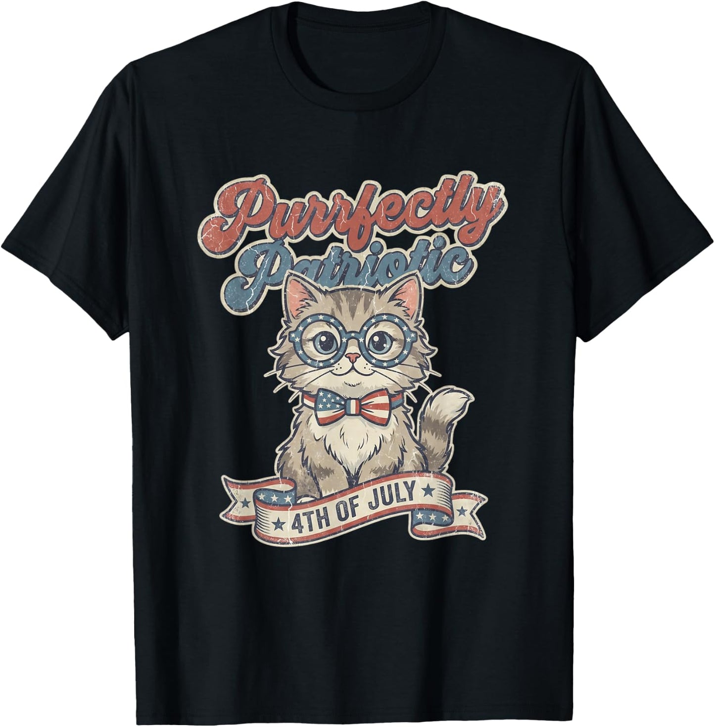 Purrfectly Patriotic Cat Vintage 4th of July T-Shirt - T-Shirt | Black