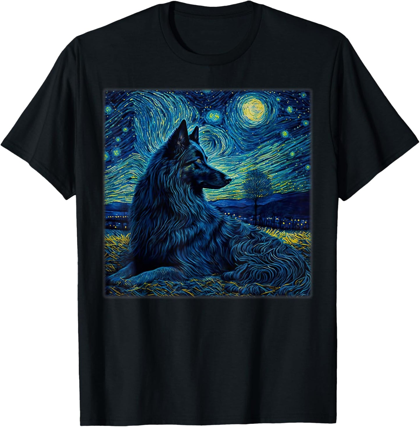 Surrealism Starry Night Belgian Shepherd Dog T-Shirt - T-Shirt | Black