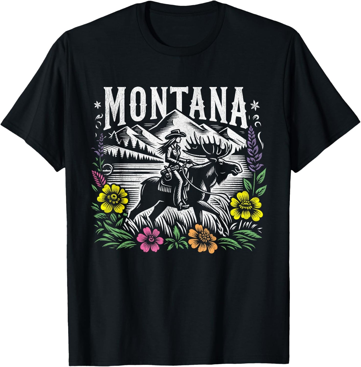 Montana Cowgirl Riding a Moose - Retro Look T-Shirt - T-Shirt | Black
