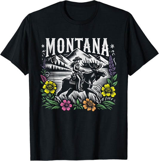 Montana Cowgirl Riding a Moose - Retro Look T-Shirt - T-Shirt | Black
